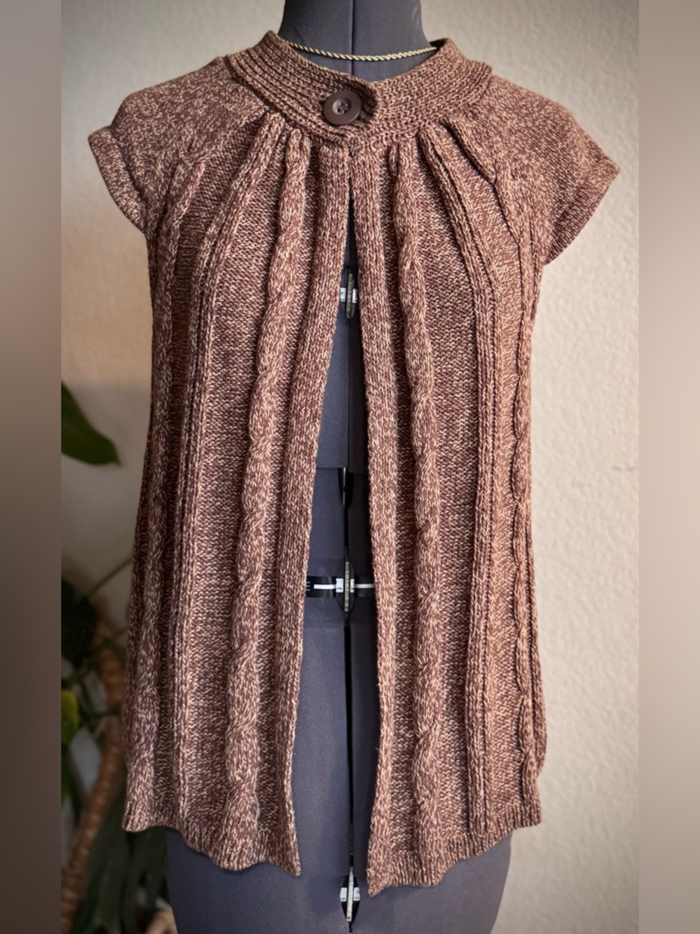 Vintage Brown Knit Open Front Shawl Cardigan Y2K Sweater Top S